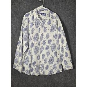 Alan Flusser Mens XXL Blue White Paisley Linen Cotton Blend Button Down Shirt